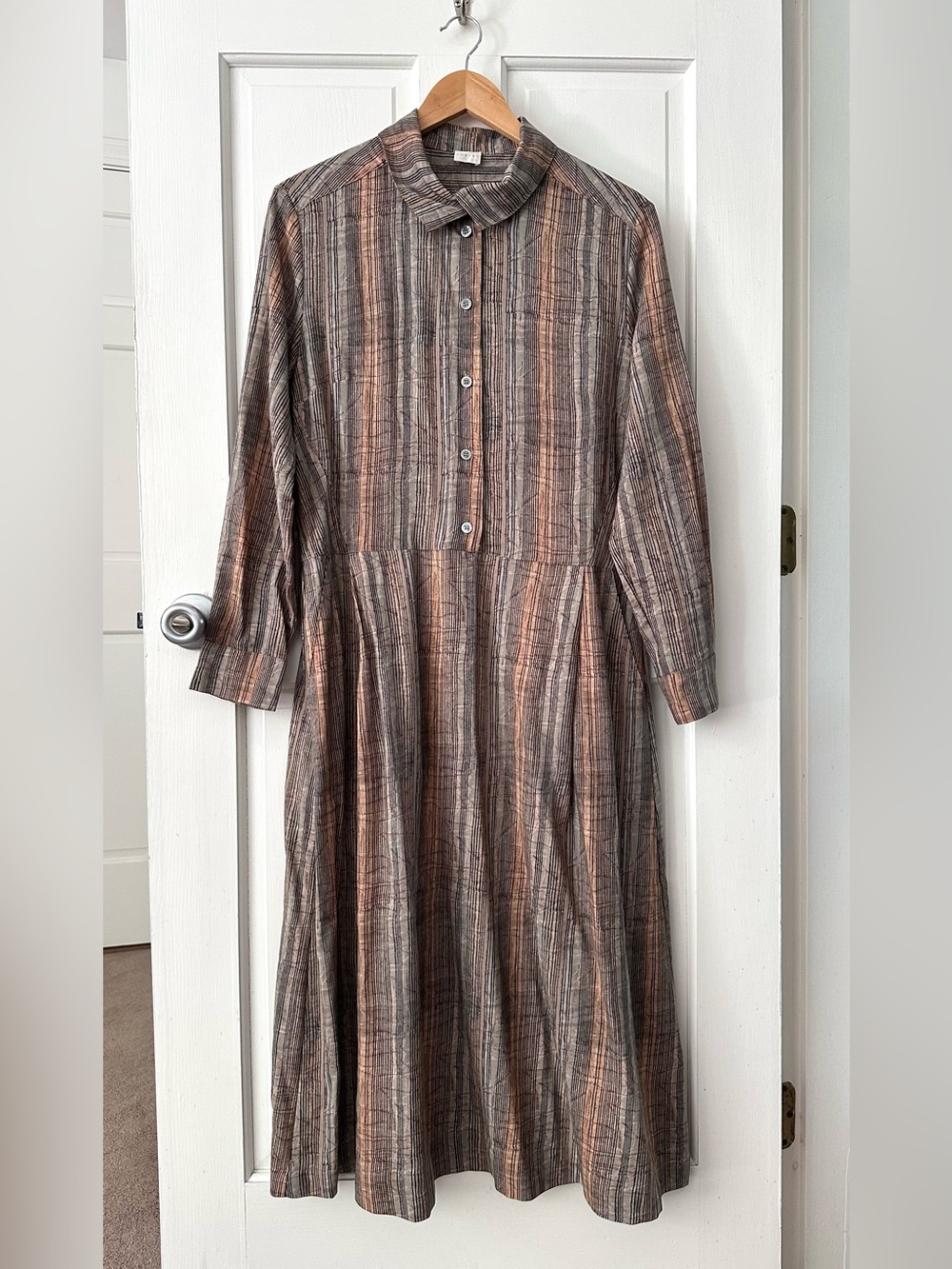 POETRY Button-Front Long Sleeve Striped Midi Shirt Dress Tencel Linen Brown Sz 8